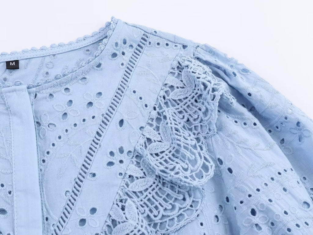 Women Clothing Autumn Hollowed out Embroidered Shirt