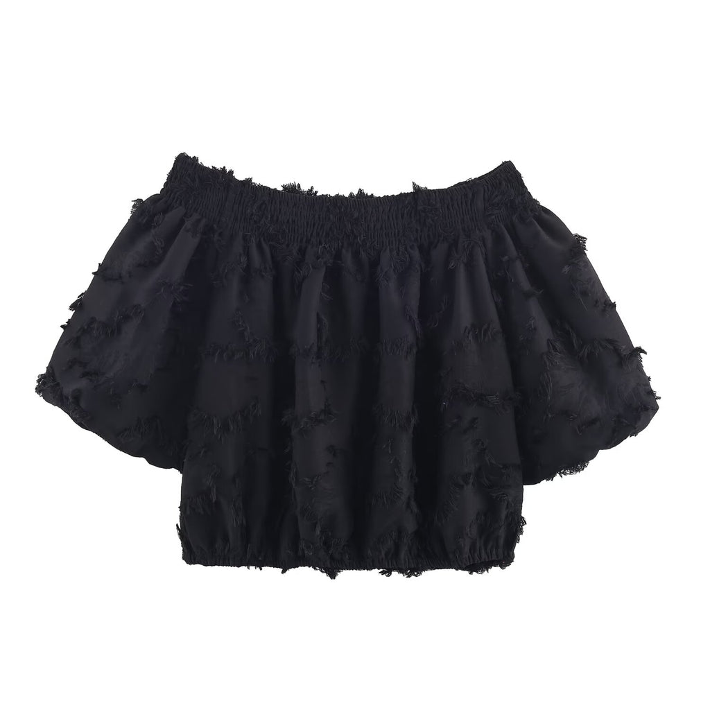 Women Clothing Fall Fashionable Frayed Hem Bubble off Shoulder Top