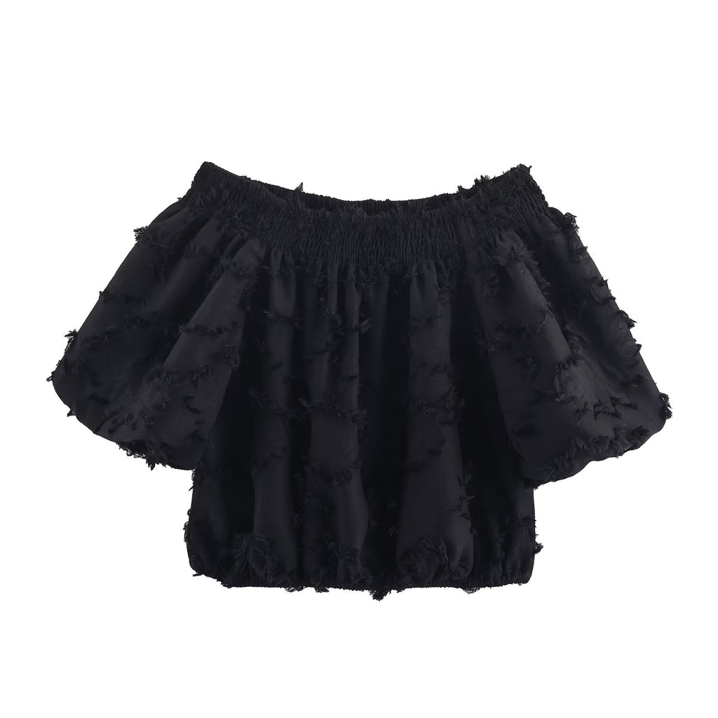 Women Clothing Fall Fashionable Frayed Hem Bubble off Shoulder Top