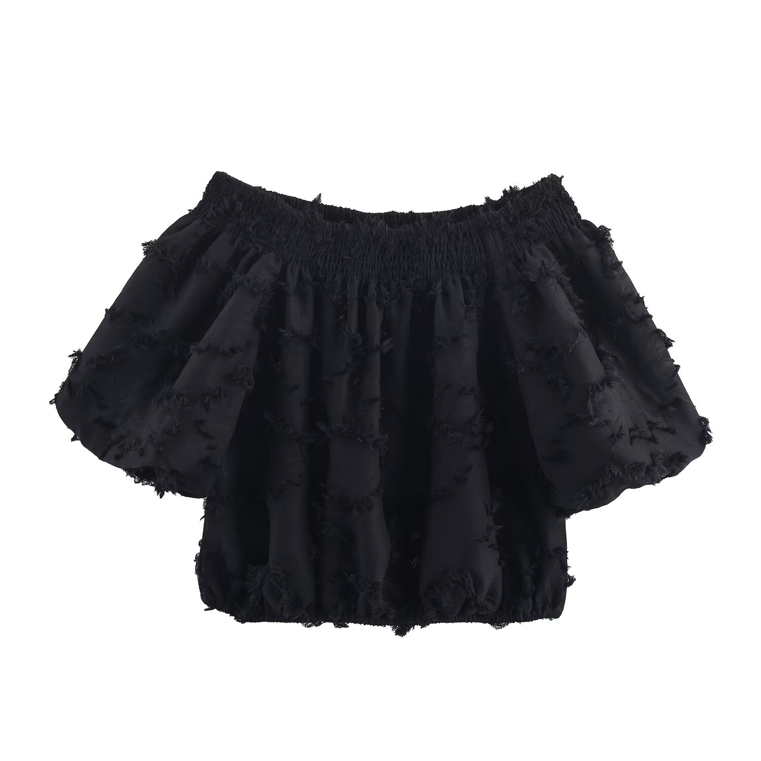 Women Clothing Fall Fashionable Frayed Hem Bubble off Shoulder Top