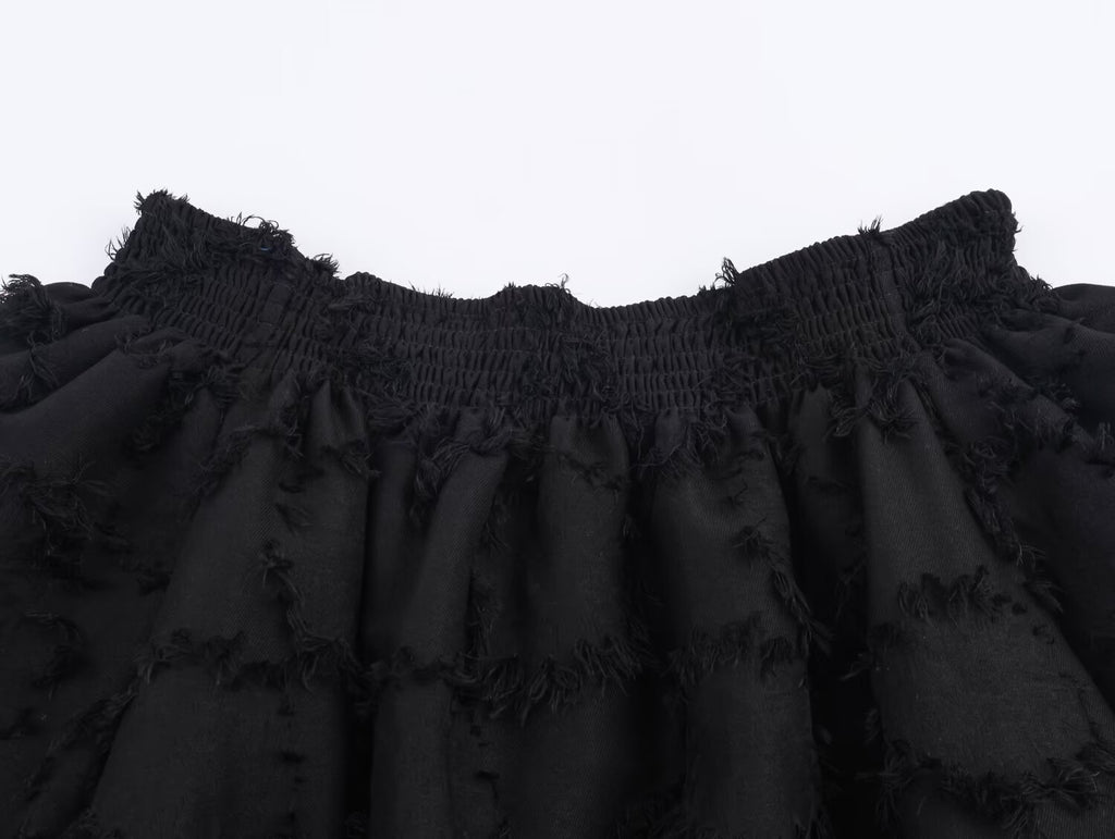 Women Clothing Fall Fashionable Frayed Hem Bubble off Shoulder Top