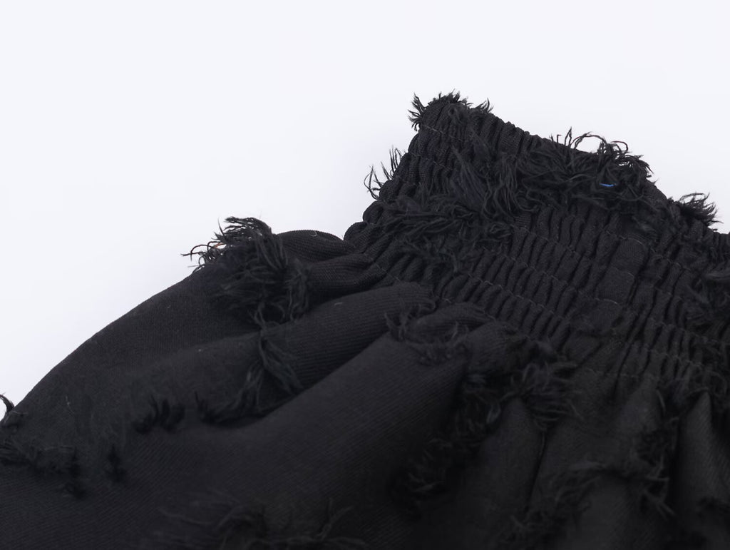 Women Clothing Fall Fashionable Frayed Hem Bubble off Shoulder Top