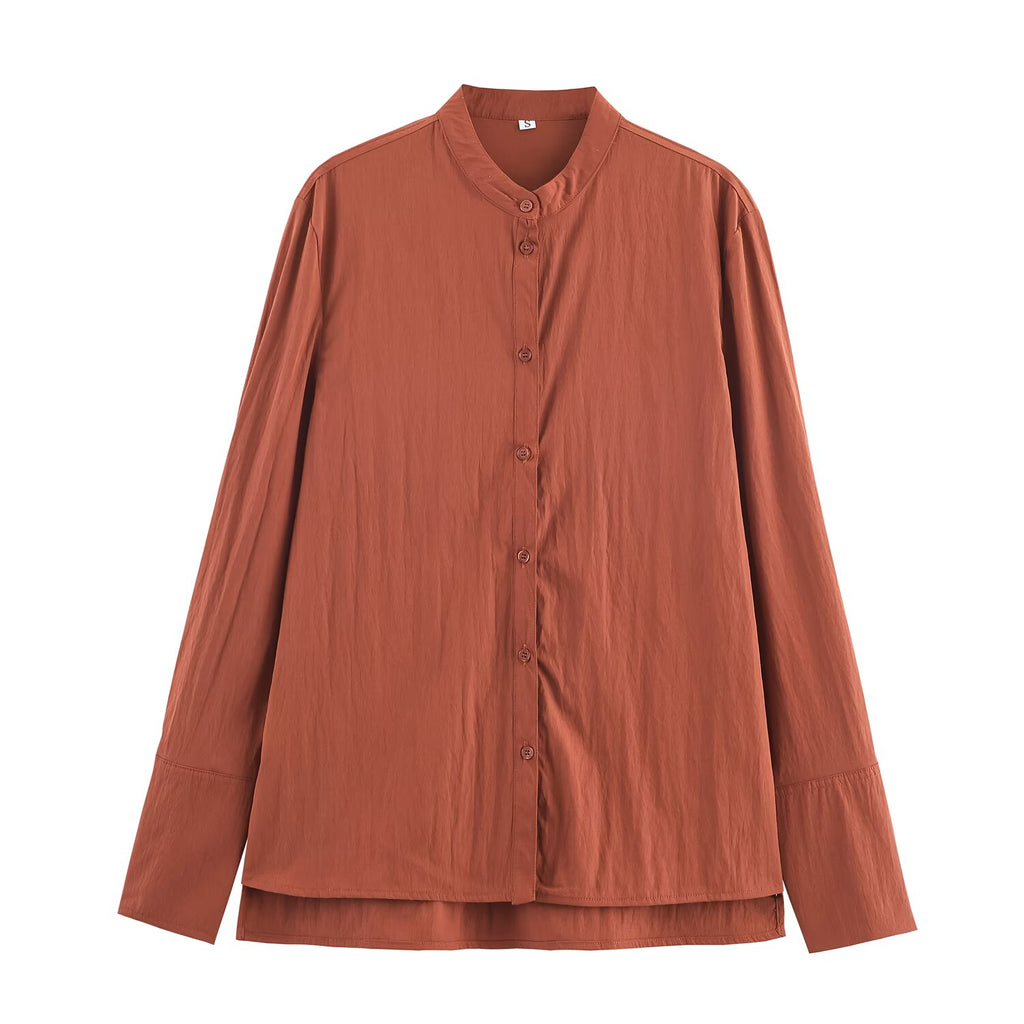 Women Clothing Loose Casual Long Sleeves Stand Collar Shirt