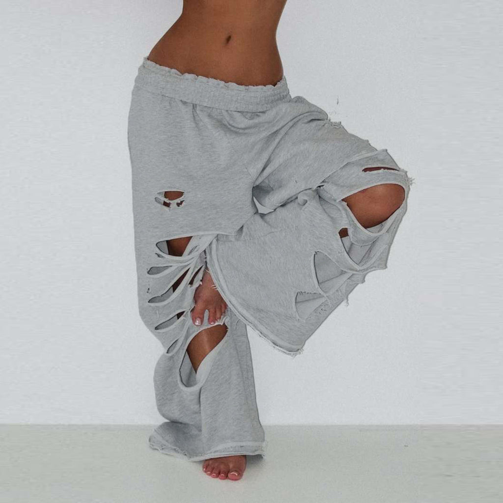 Fall Women Clothing Solid Color Personalized Ripped Sweatpants Sports Casual High Waist Wide Leg Pants Women