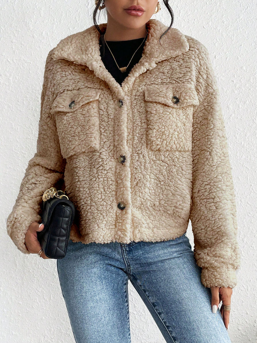 Women Clothing Fall Winter Collared Plush Jacket Short Women Casual Coat