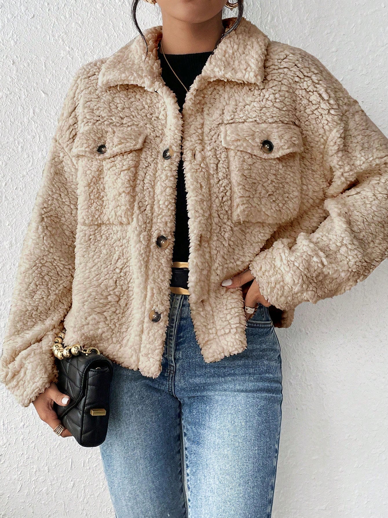 Women Clothing Fall Winter Collared Plush Jacket Short Women Casual Coat