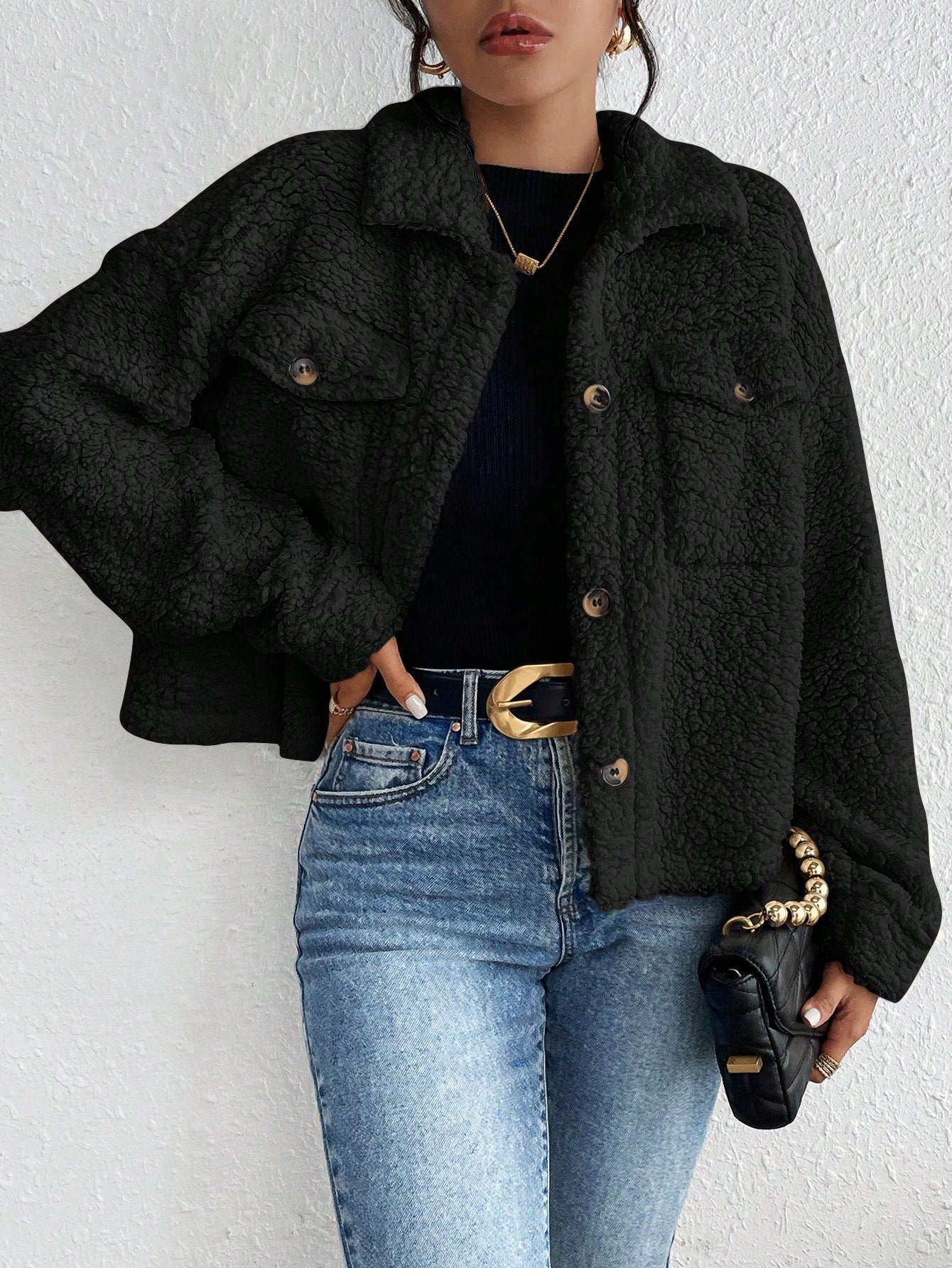 Women Clothing Fall Winter Collared Plush Jacket Short Women Casual Coat