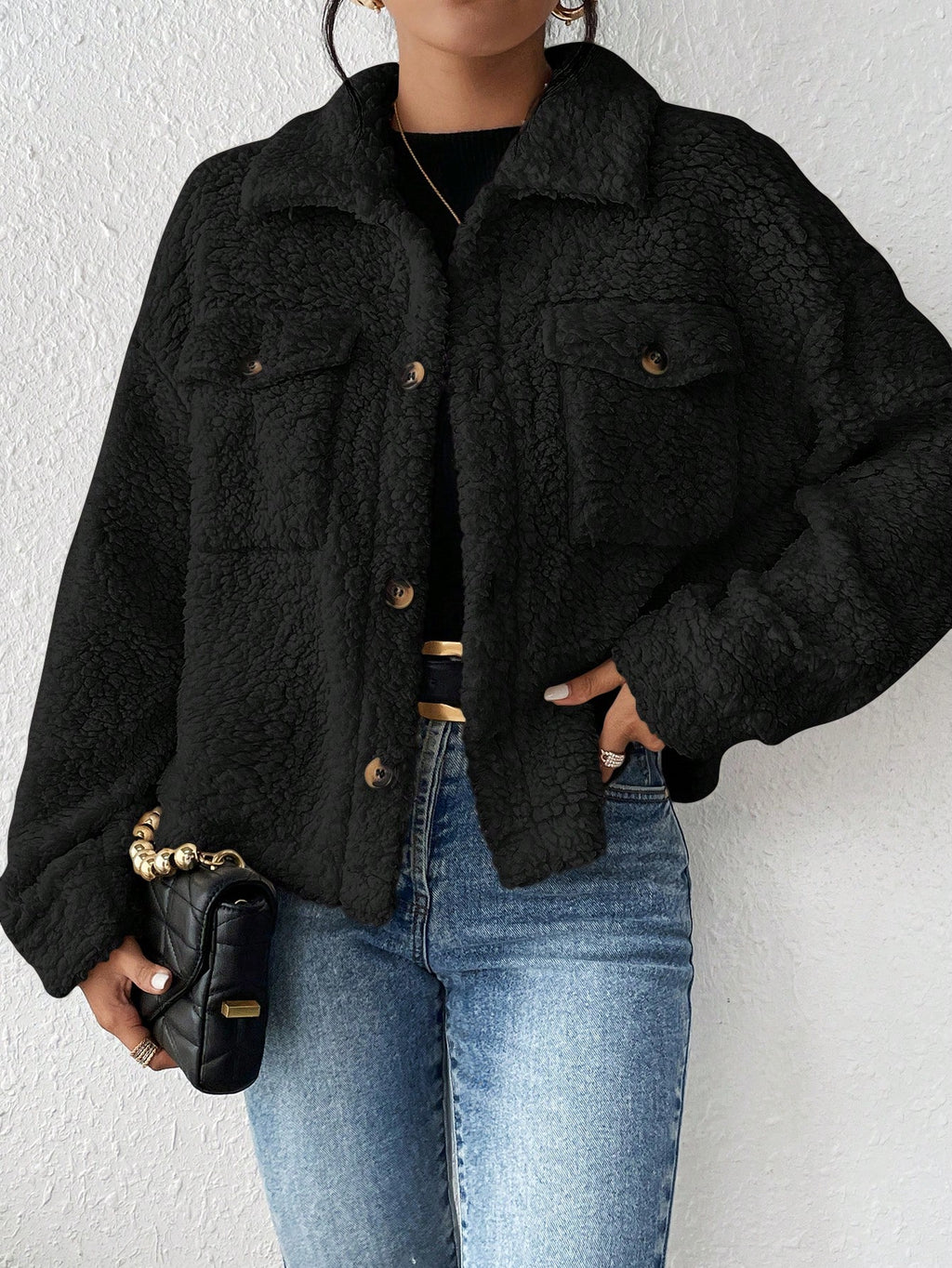Women Clothing Fall Winter Collared Plush Jacket Short Women Casual Coat