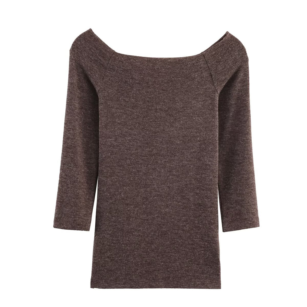 Women Clothing Fall Fashionable All Match Basic Mid Sleeve off Shoulder T shirt