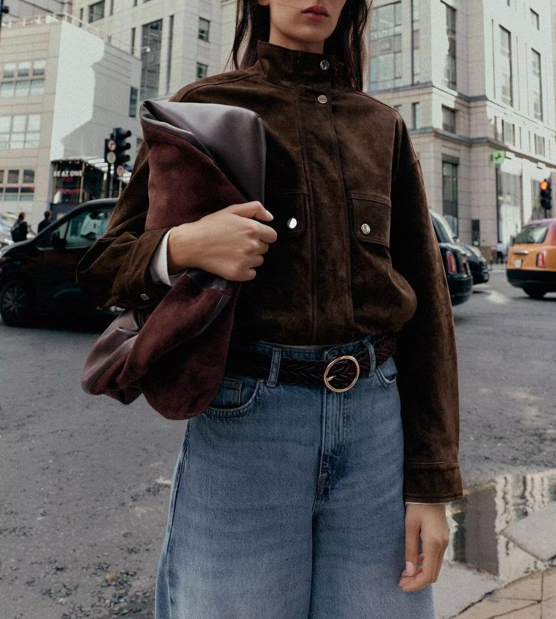 Women Autumn Design Pocket Suede Bomber Jacket Coat