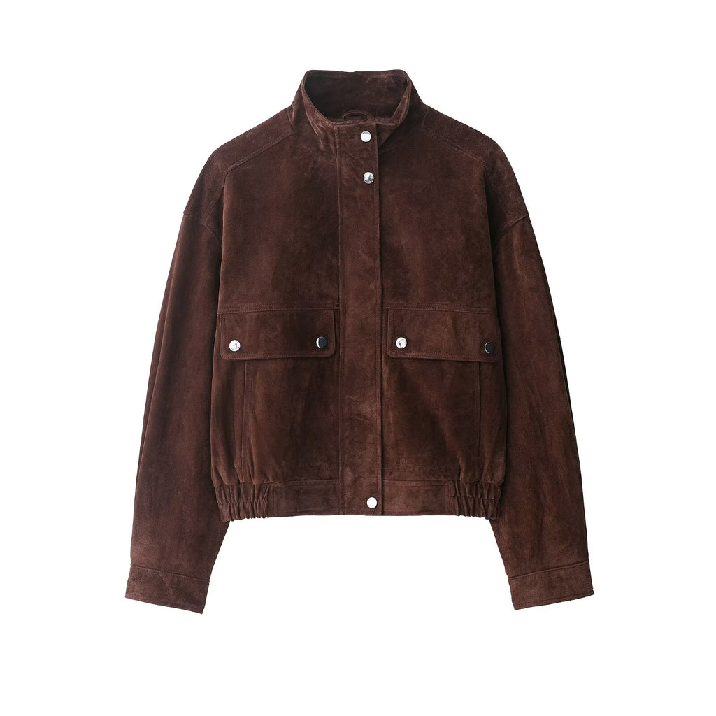 Women Autumn Design Pocket Suede Bomber Jacket Coat