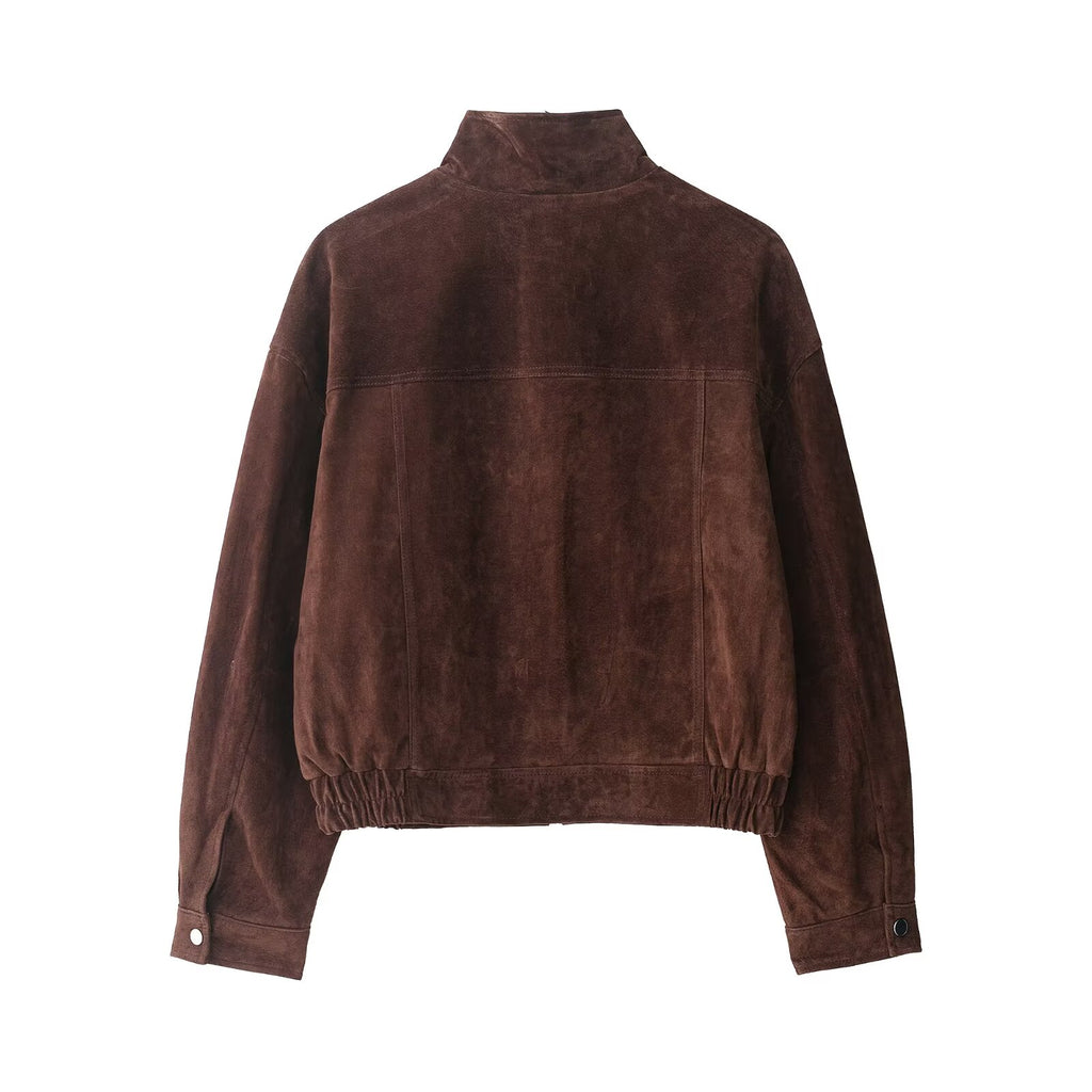 Women Autumn Design Pocket Suede Bomber Jacket Coat