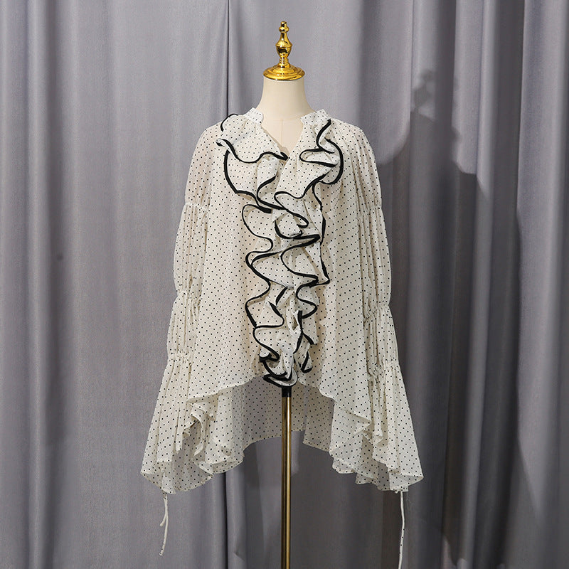 Sweet Shirt Women Autumn Black Polka Dot Wooden Ear Stitching Design Long Sleeve Top