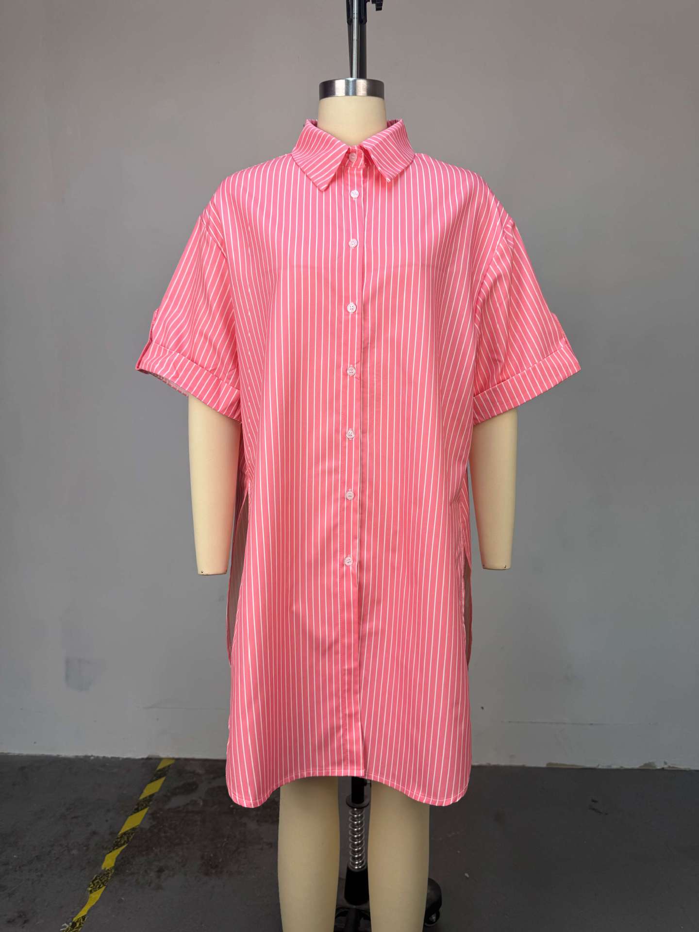 Women Clothing Autumn Polo Collar Single Breasted Striped Short Sleeve Mid Length Shirt Top