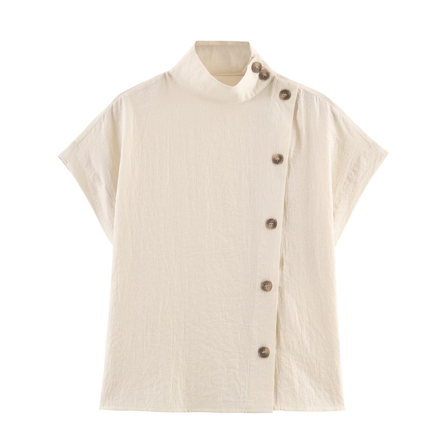 Women Clothing Fall Color Contrast Decorated Row Button Half Turtleneck Short Sleeve Shirt