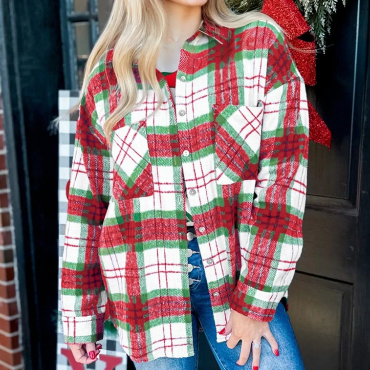 Autumn Winter Women Wear Plaid Woolen Coat Shirt Christmas