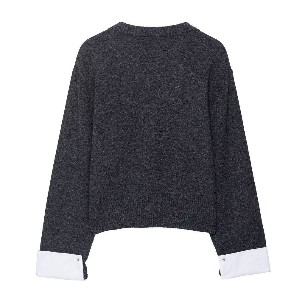 Elegant Women Clothing Stitching Contrast Color Fashionable Knitted Coat