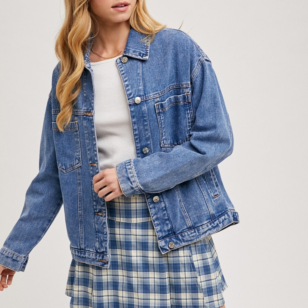 Denim Jacket Women Solid Color Loose Long Sleeves Washed Collared Denim Jacket