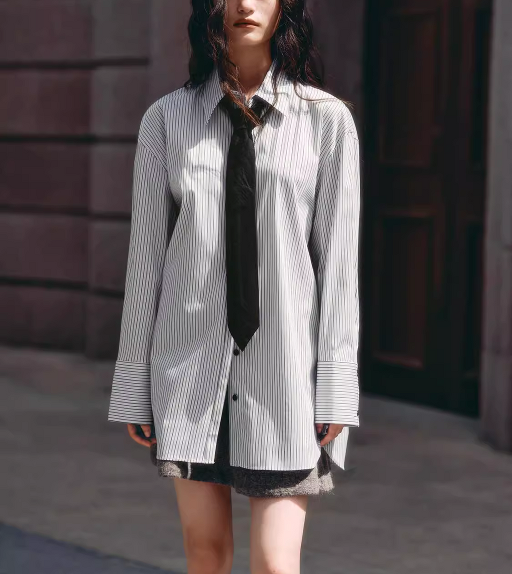 Women Clothing Casual Tie Decorated Poplin Shirt