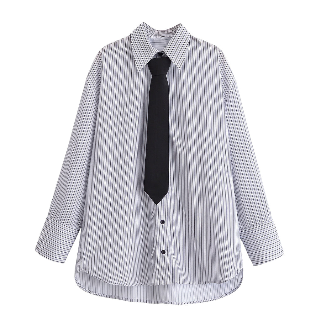 Women Clothing Casual Tie Decorated Poplin Shirt