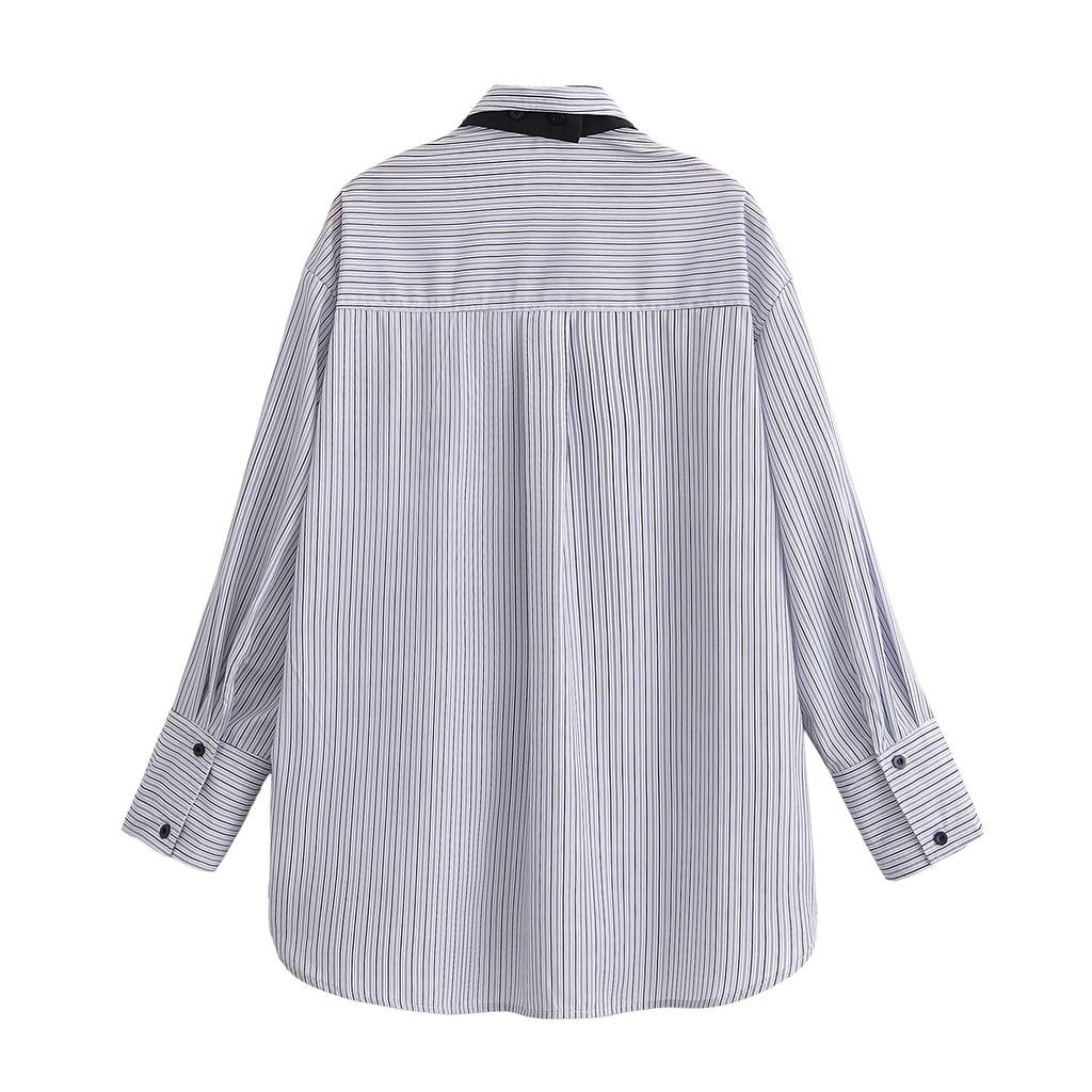 Women Clothing Casual Tie Decorated Poplin Shirt