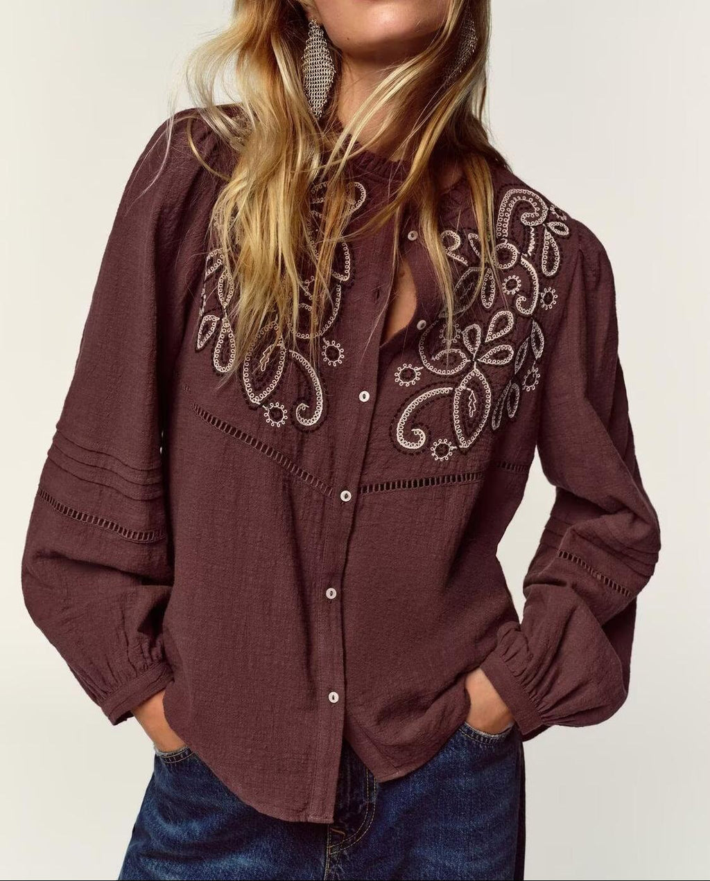 Women Clothing Casual Chest Embroidered Shirt
