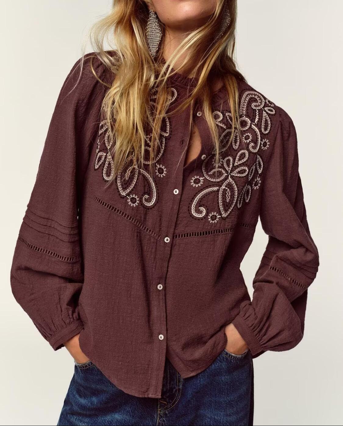 Women Clothing Casual Chest Embroidered Shirt