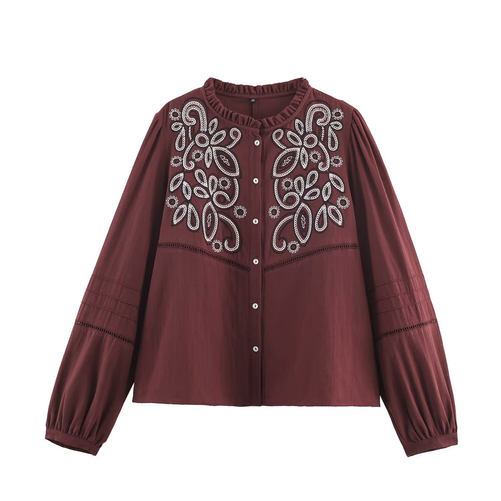 Women Clothing Casual Chest Embroidered Shirt