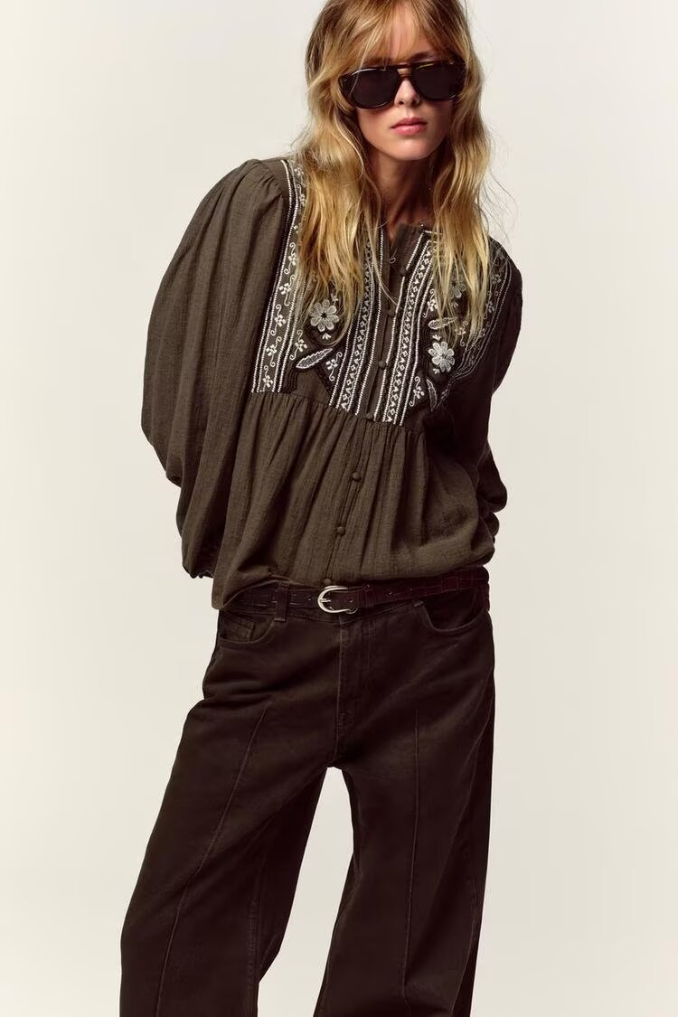 Women Clothing Autumn Artistic Ethnic Chest Embroidered round Neck Shirt