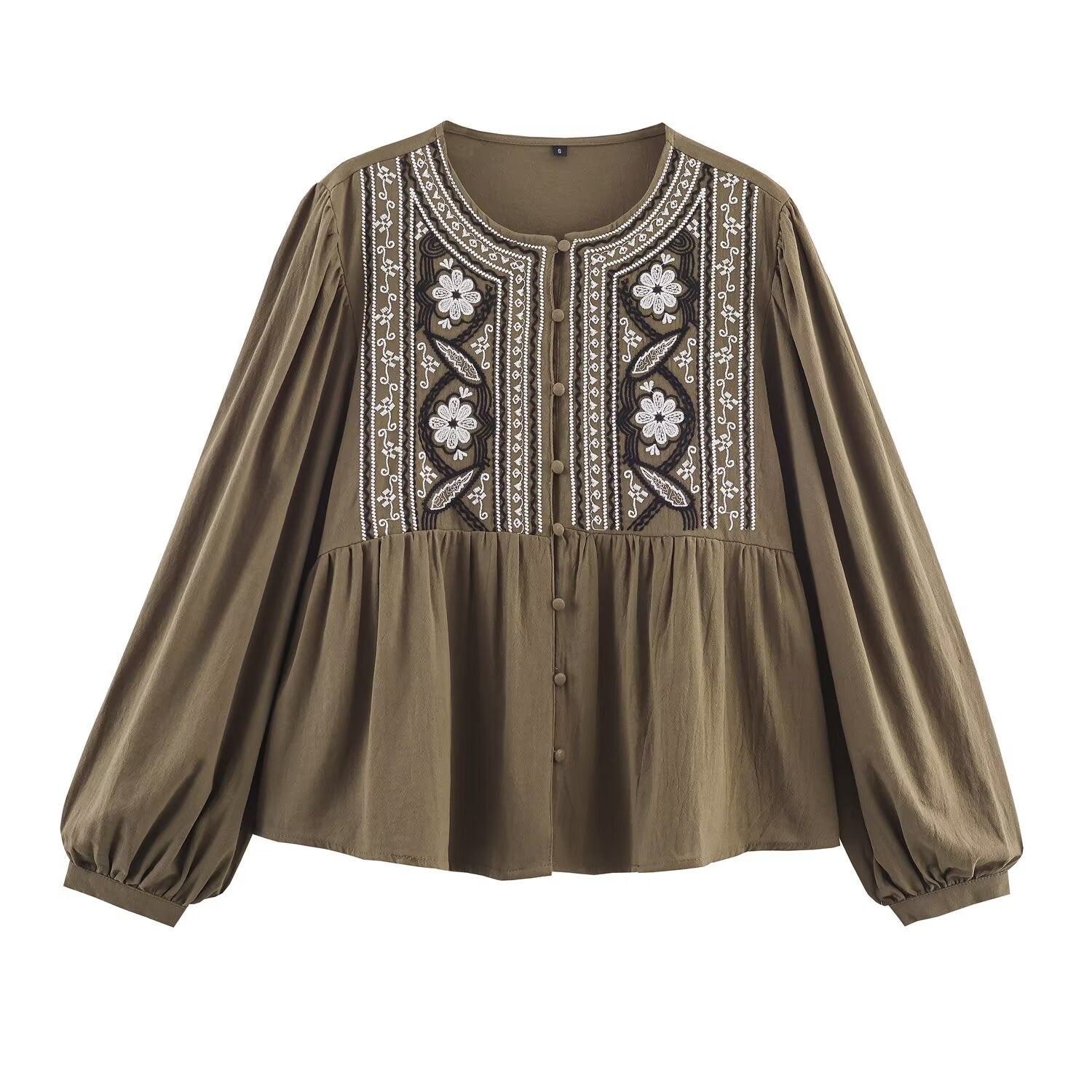 Women Clothing Autumn Artistic Ethnic Chest Embroidered round Neck Shirt