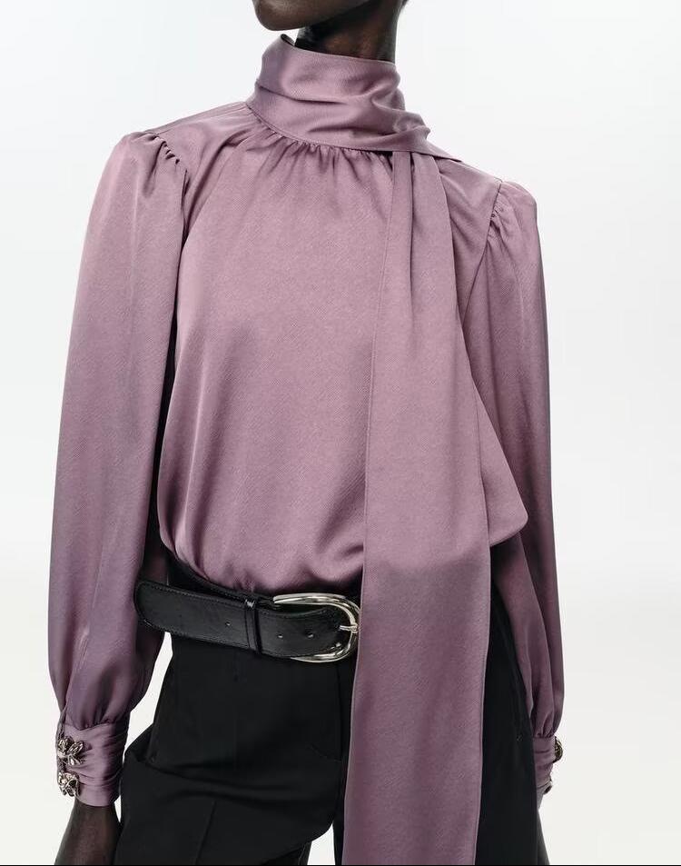 Elegant Women Bowknot Decoration Silk Satin Textured Shirt