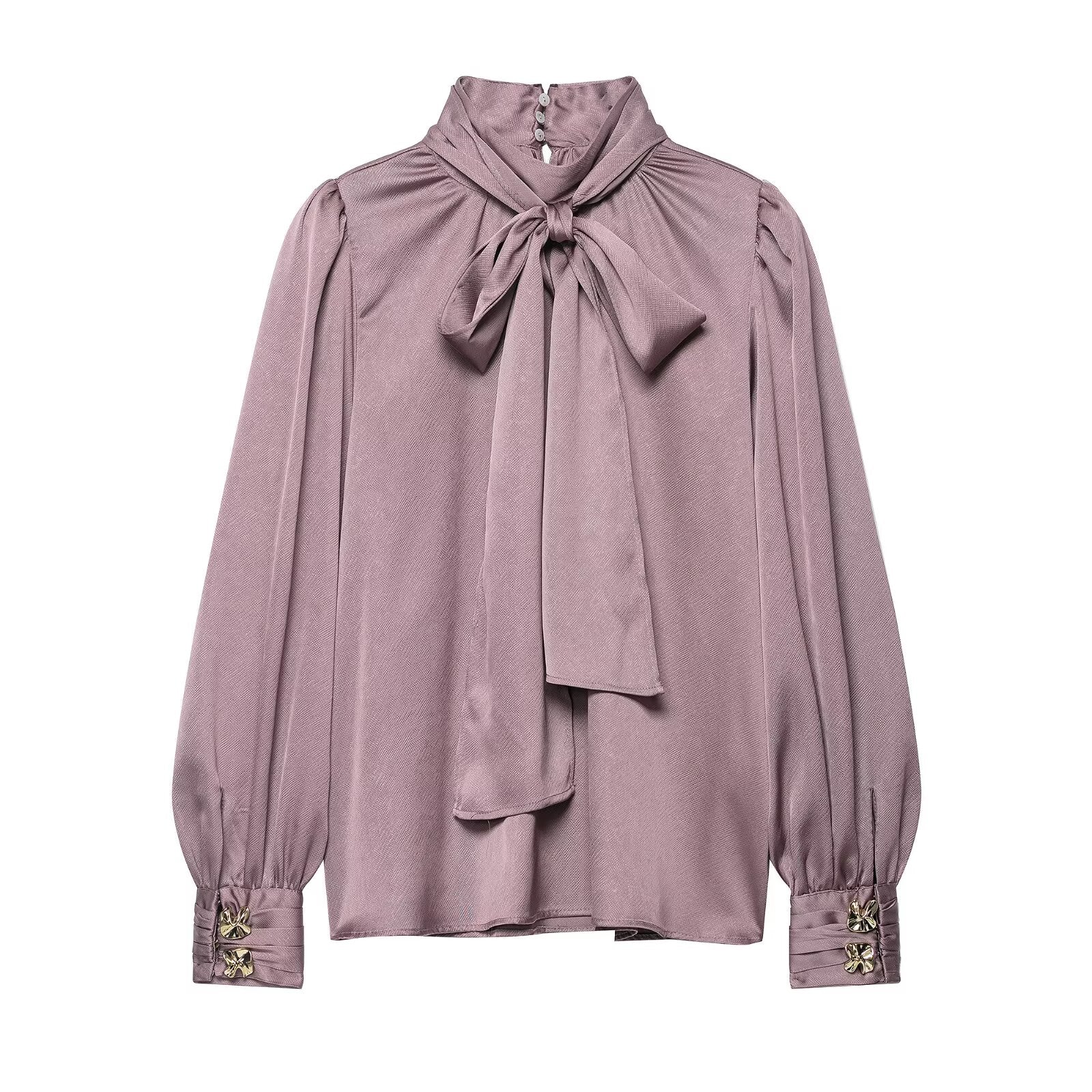 Elegant Women Bowknot Decoration Silk Satin Textured Shirt