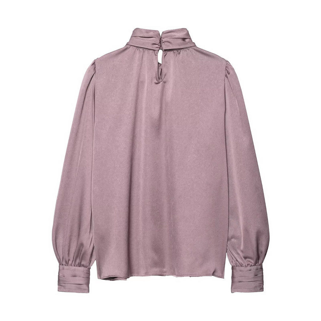 Elegant Women Bowknot Decoration Silk Satin Textured Shirt