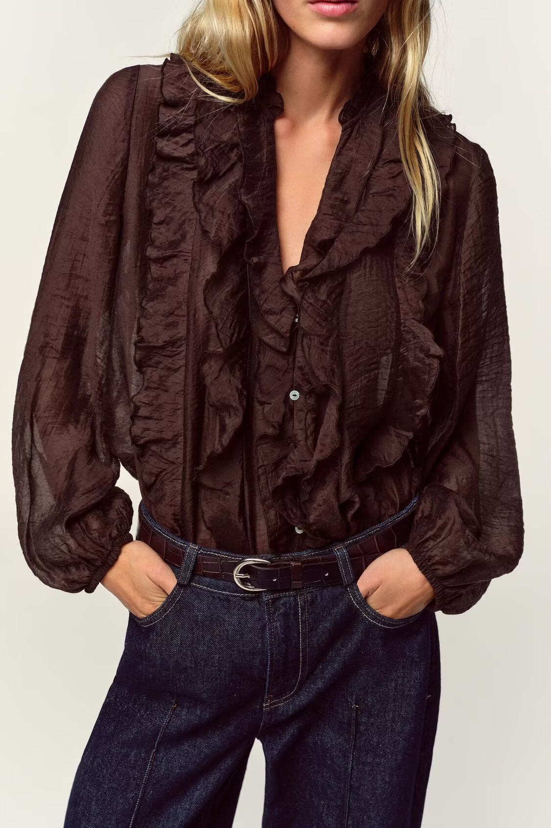 Women Clothing Autumn Laminated Decoration Long Sleeve Shirt