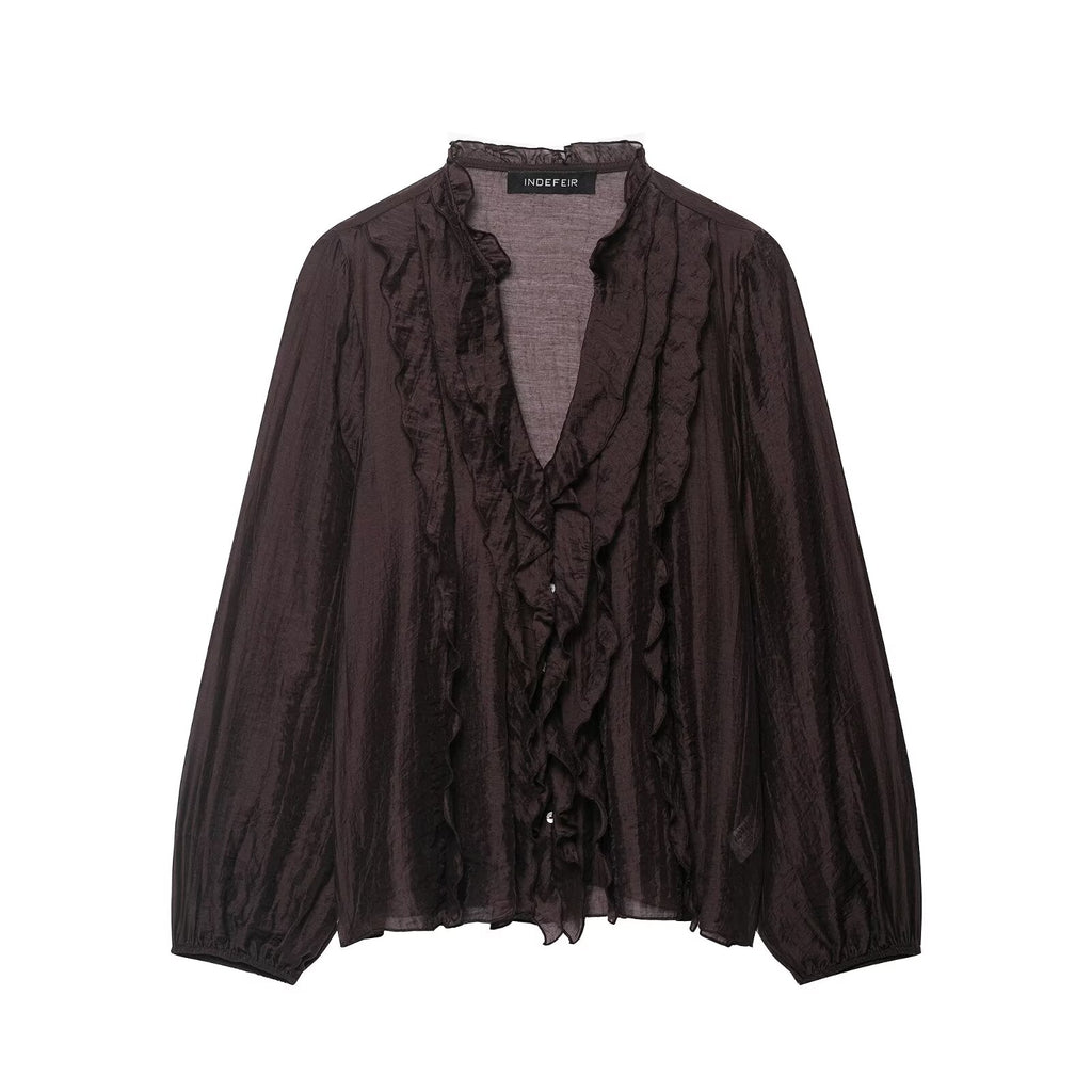 Women Clothing Autumn Laminated Decoration Long Sleeve Shirt