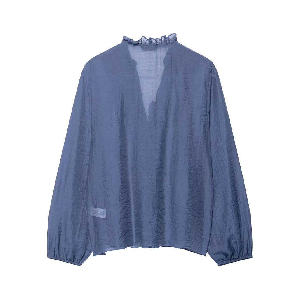 Women Clothing Autumn Laminated Decoration Long Sleeve Shirt