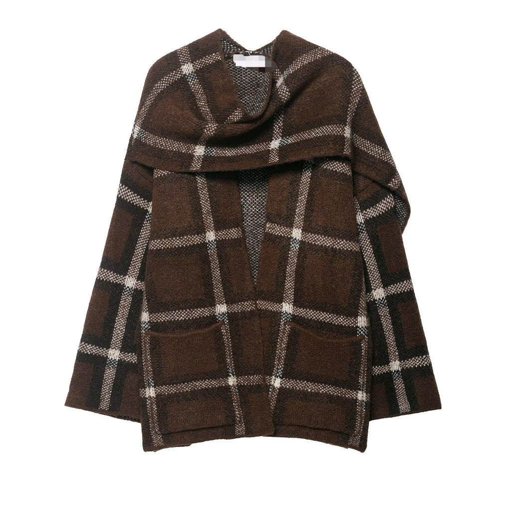 Women Clothing Popular Plaid Scarf Knitted Short Overcoat Coat