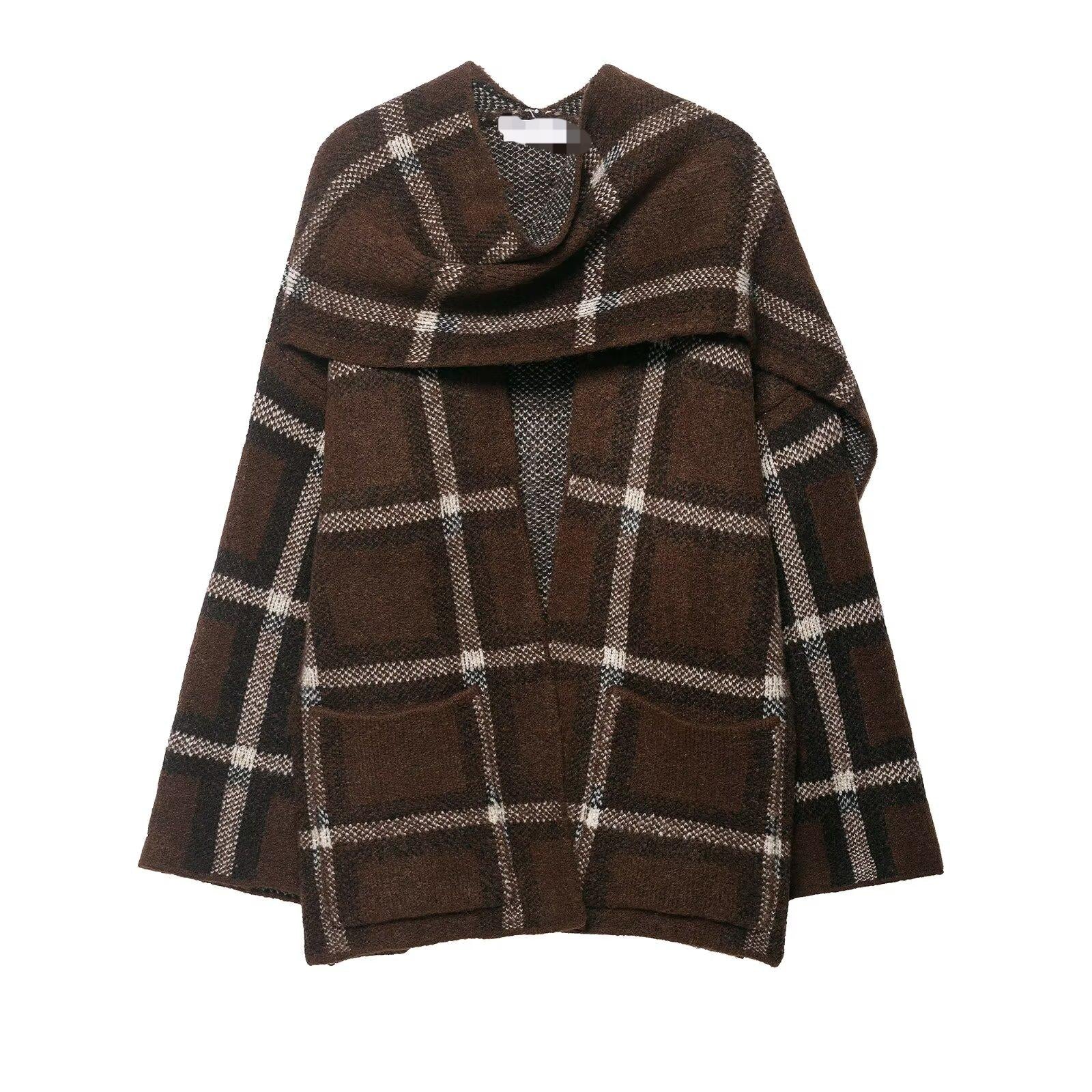Women Clothing Popular Plaid Scarf Knitted Short Overcoat Coat