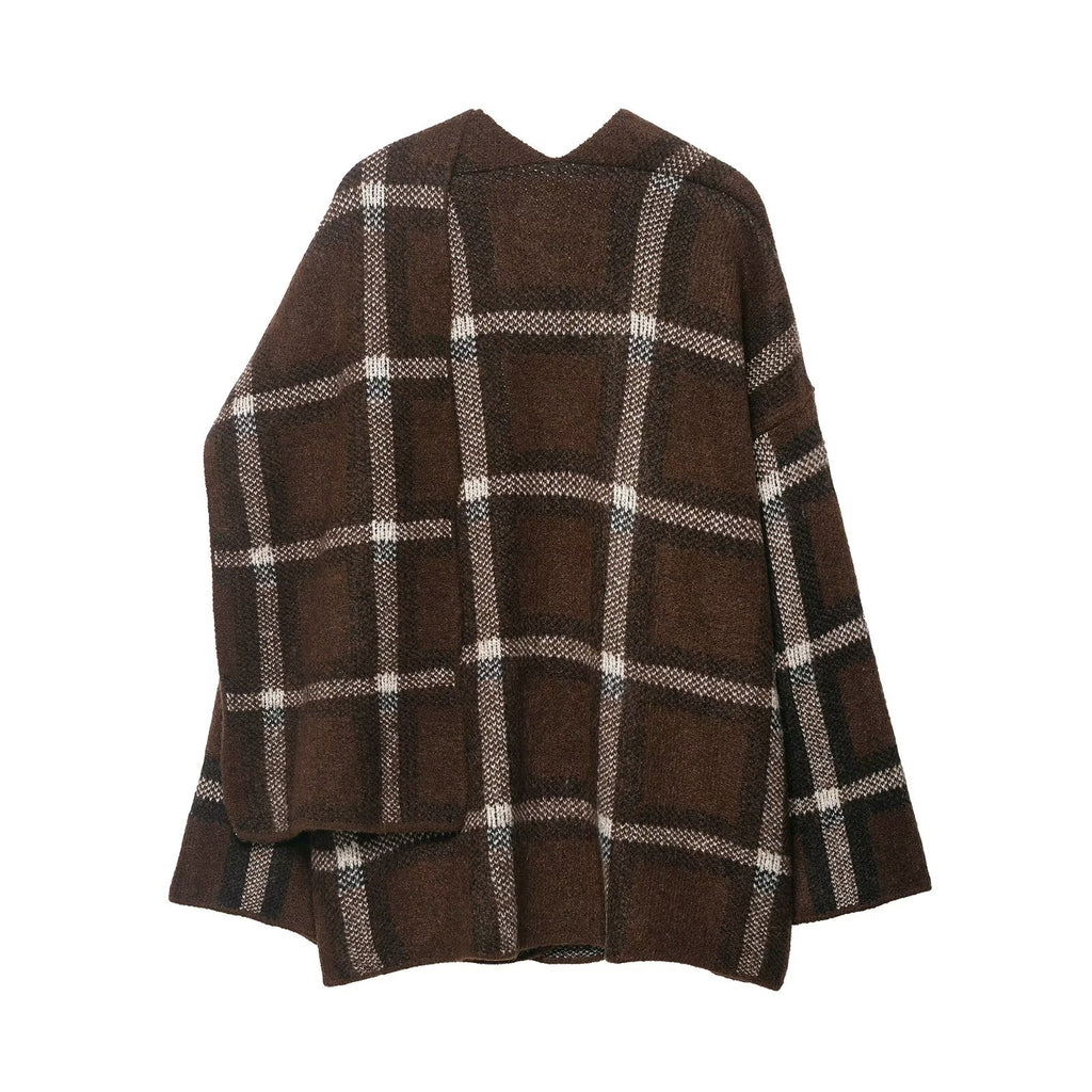 Women Clothing Popular Plaid Scarf Knitted Short Overcoat Coat