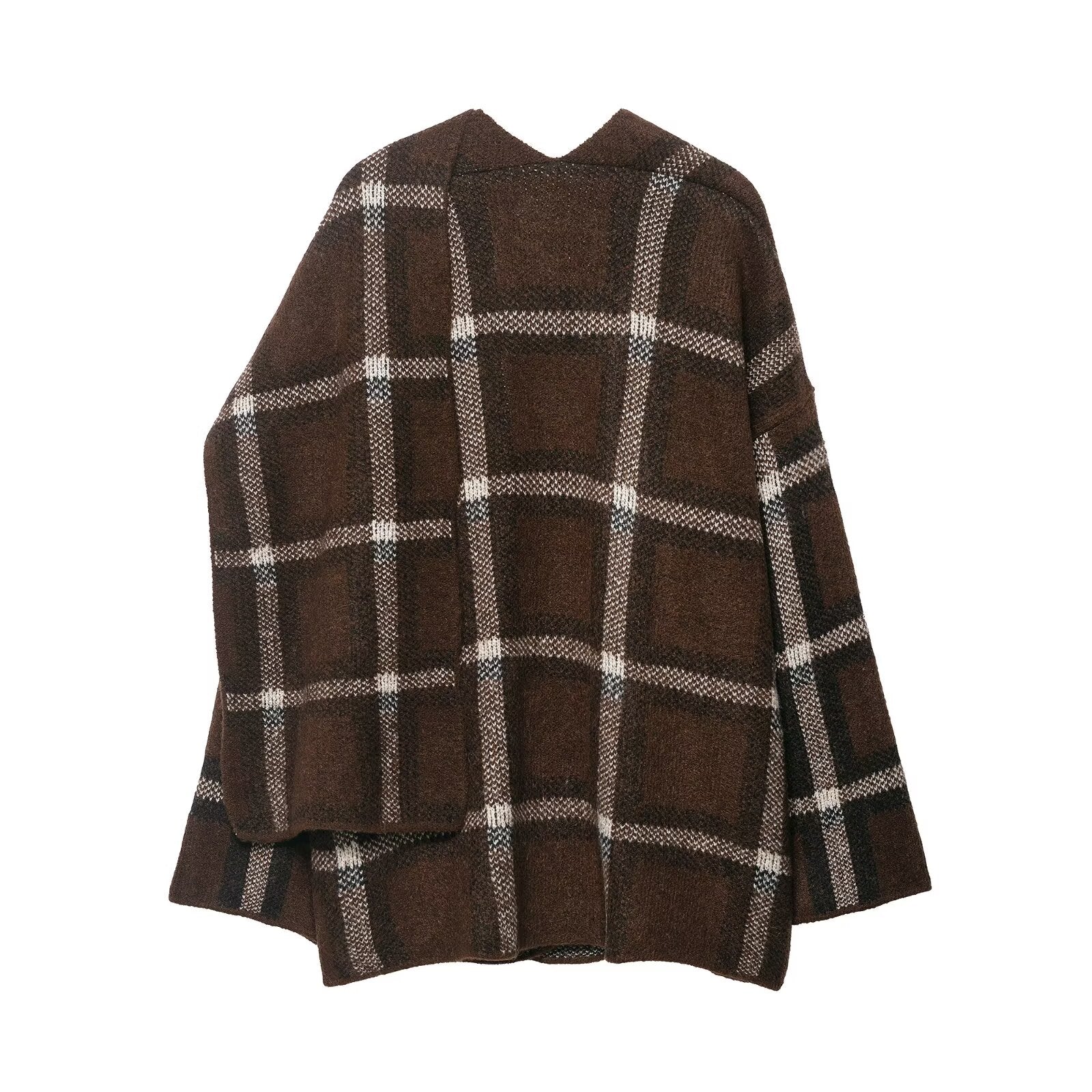 Women Clothing Popular Plaid Scarf Knitted Short Overcoat Coat