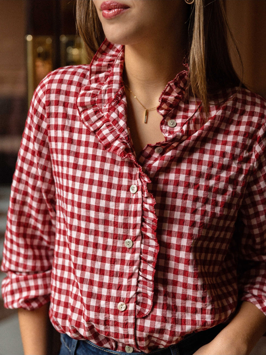 Ladies Spring Summer Elegant French Ruffled Cotton Plaid Buckle All Matching Shirt