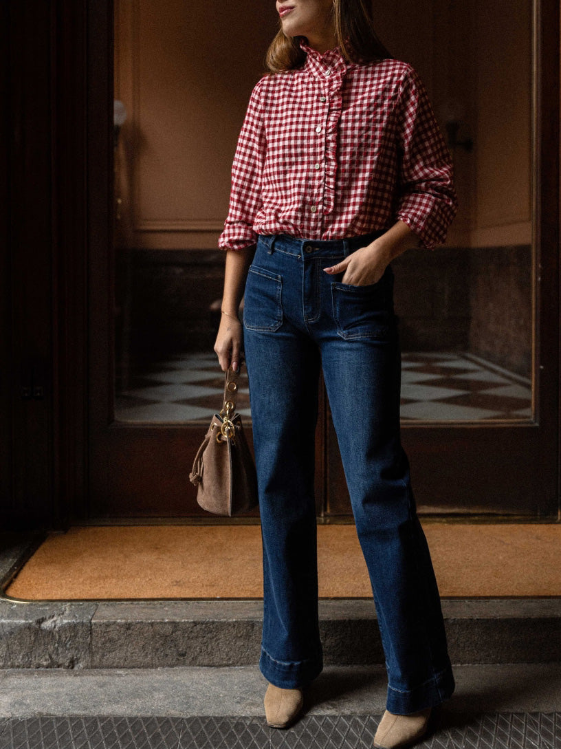 Ladies Spring Summer Elegant French Ruffled Cotton Plaid Buckle All Matching Shirt