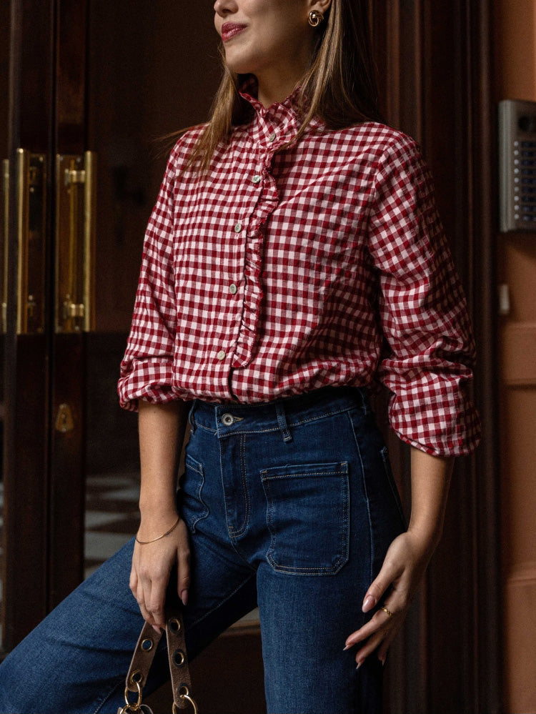 Ladies Spring Summer Elegant French Ruffled Cotton Plaid Buckle All Matching Shirt