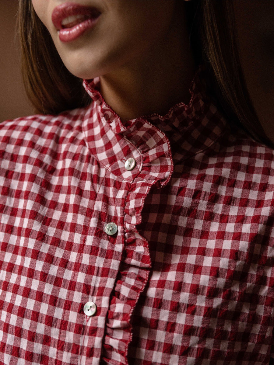 Ladies Spring Summer Elegant French Ruffled Cotton Plaid Buckle All Matching Shirt