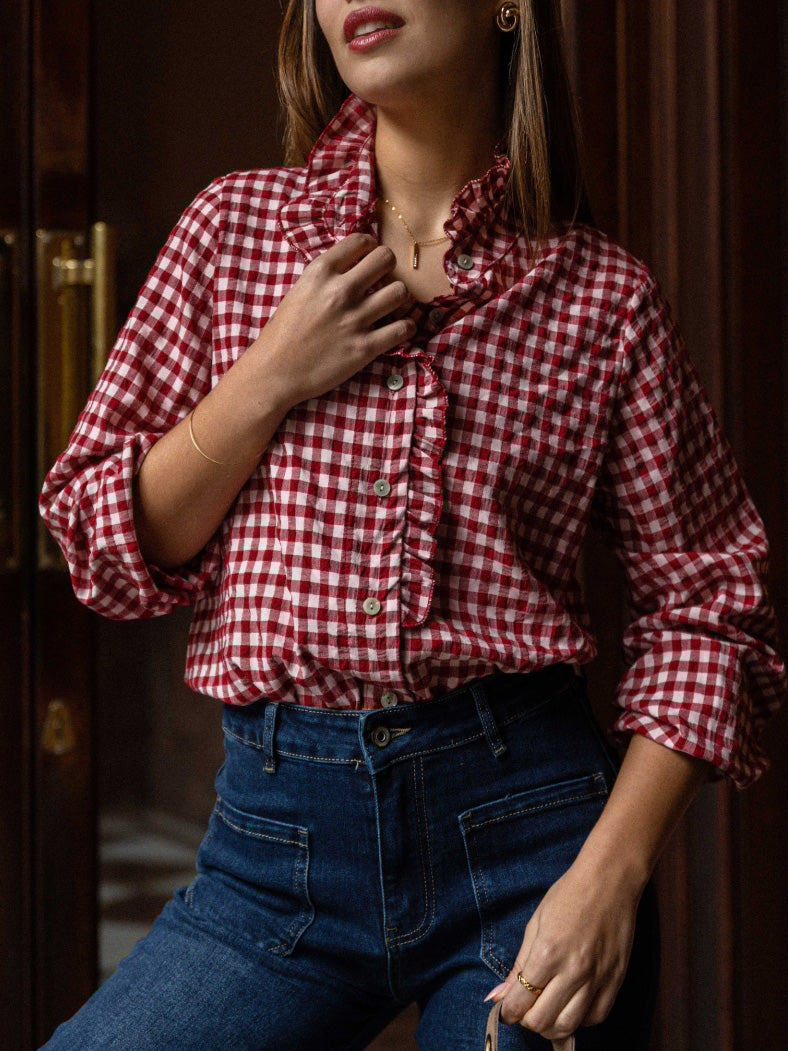 Ladies Spring Summer Elegant French Ruffled Cotton Plaid Buckle All Matching Shirt