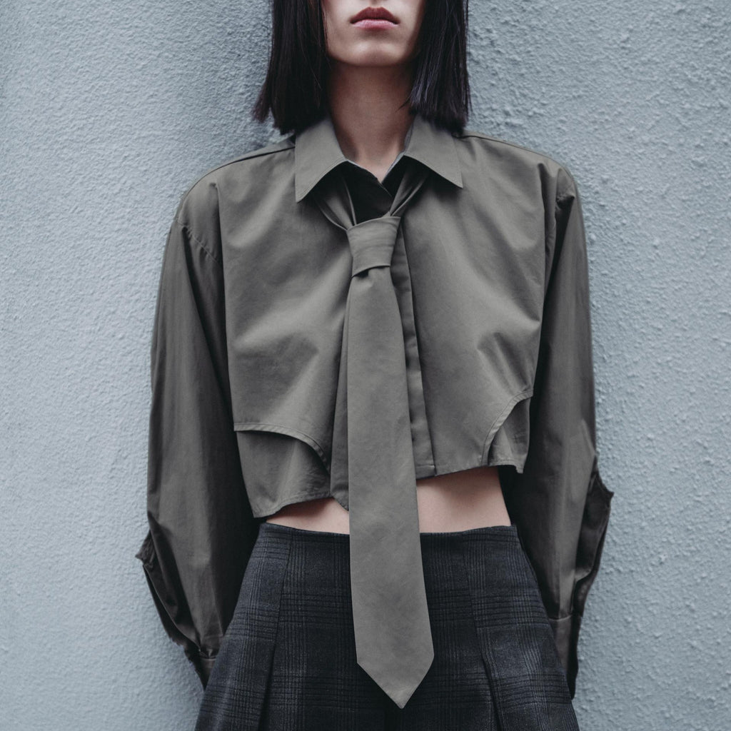 Women Clothing Autumn Niche Women Clothing Sexy Tie Decoration Poplin Short Shirt