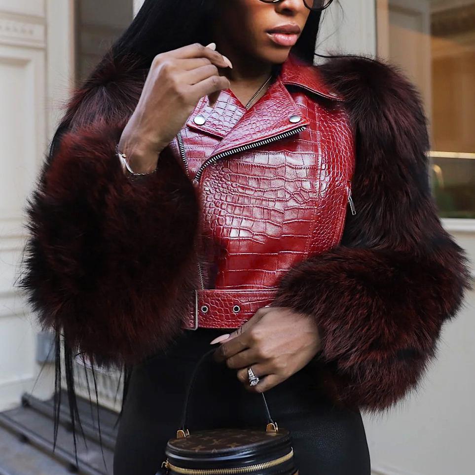 Stitching Fur Motorcycle Jacket Women Short Autumn Winter Faux Leather Jacket Street Warm Top