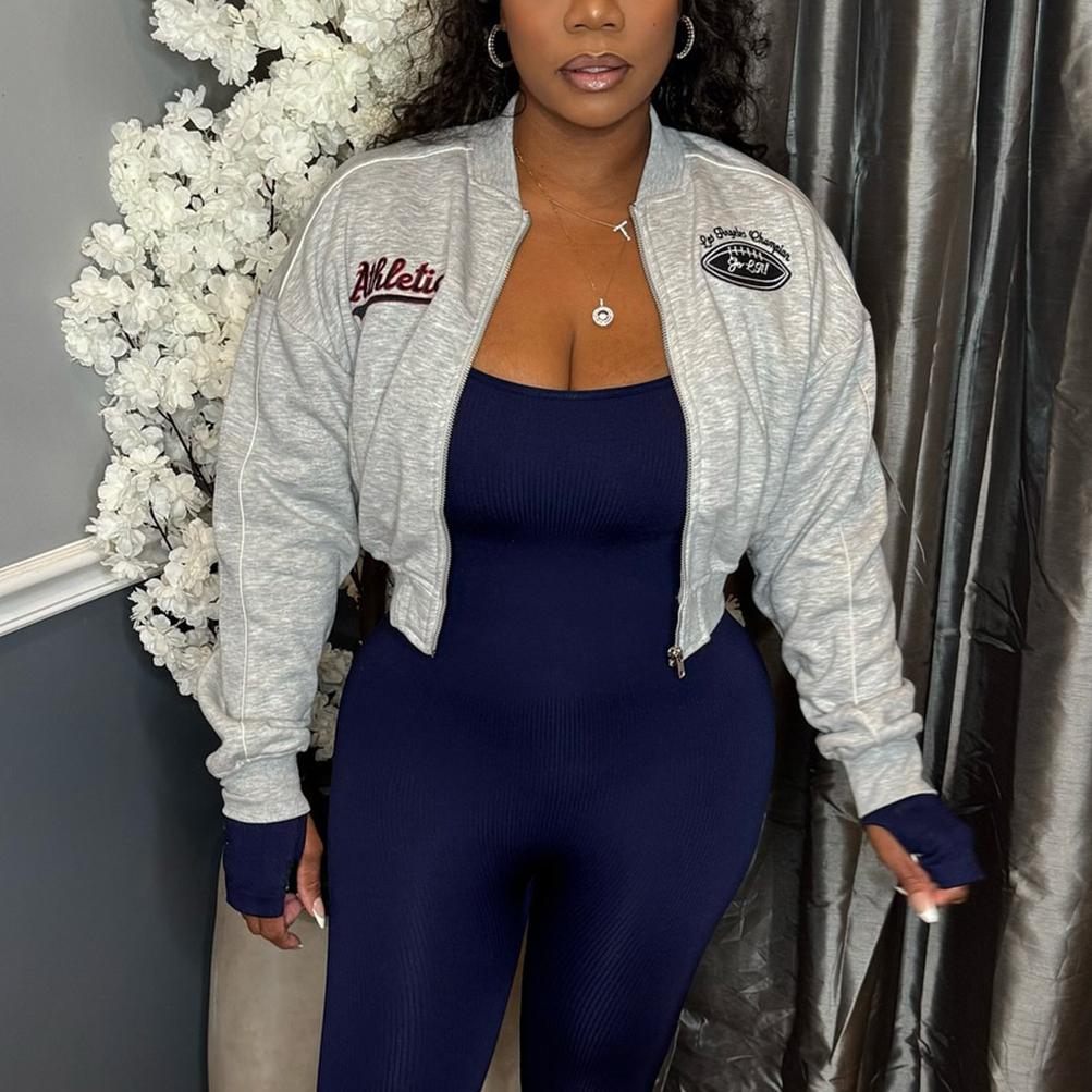 Women Wear Brushed Hoody Casual Sports Zipper Embroidered Varsity Jacket Coat for Women