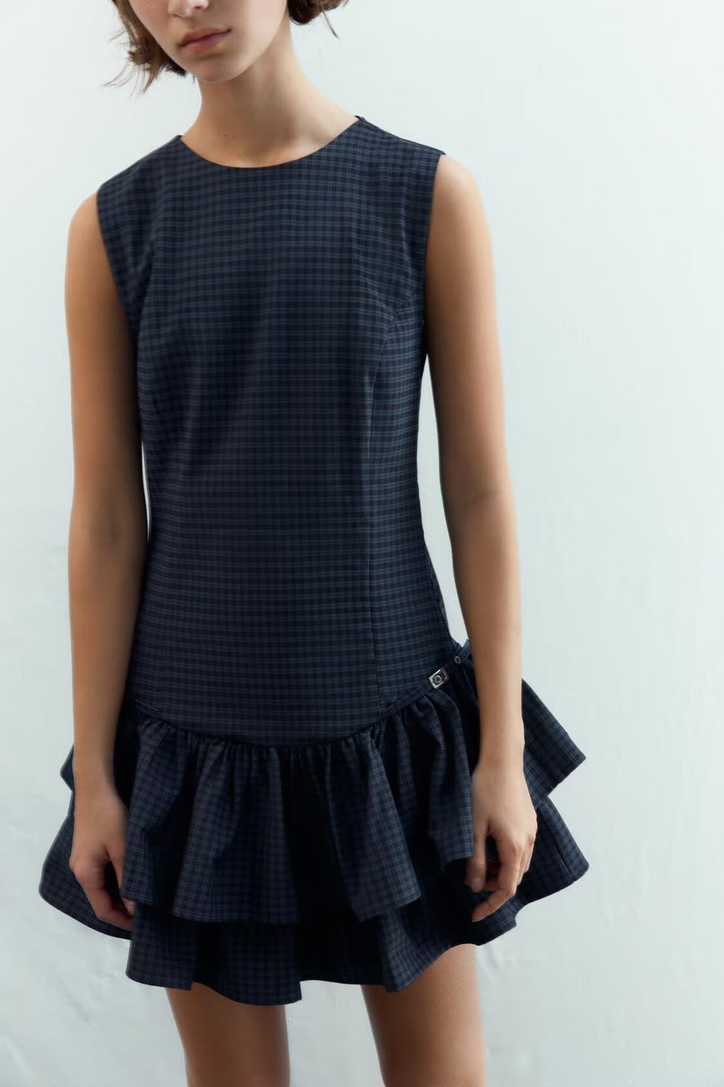 Women Clothing Autumn Sweet Romantic Plaid Laminated Decoration Short Dress