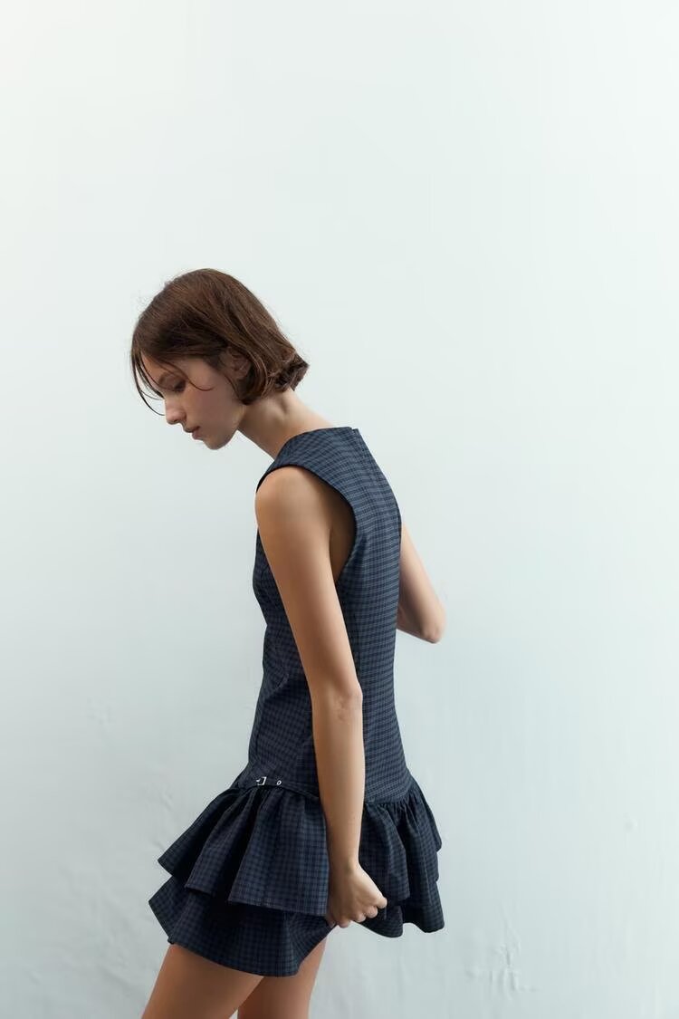 Women Clothing Autumn Sweet Romantic Plaid Laminated Decoration Short Dress